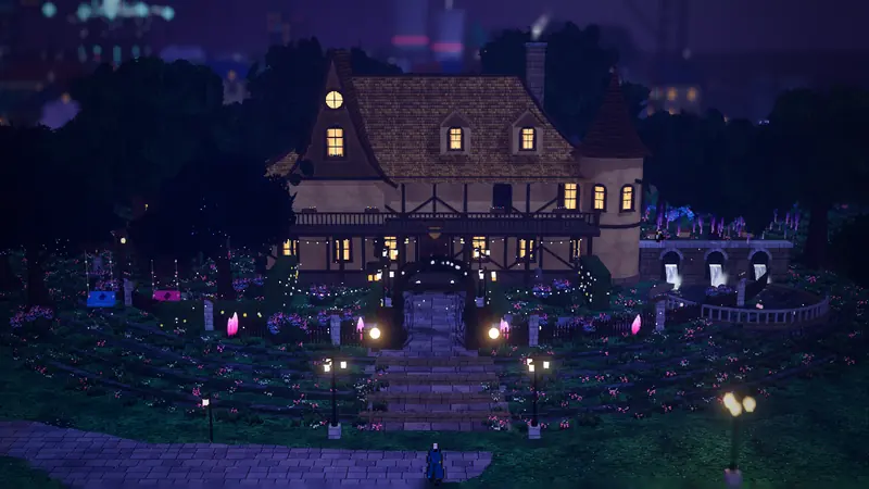 The Milk and Honey House at night: a timber manor with lit dormers and a turret, gardens and lamps below.