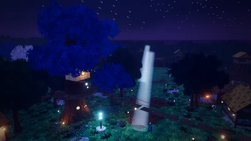 Rootward at night: a great tree with a house in its branches, lamps along the paths below.