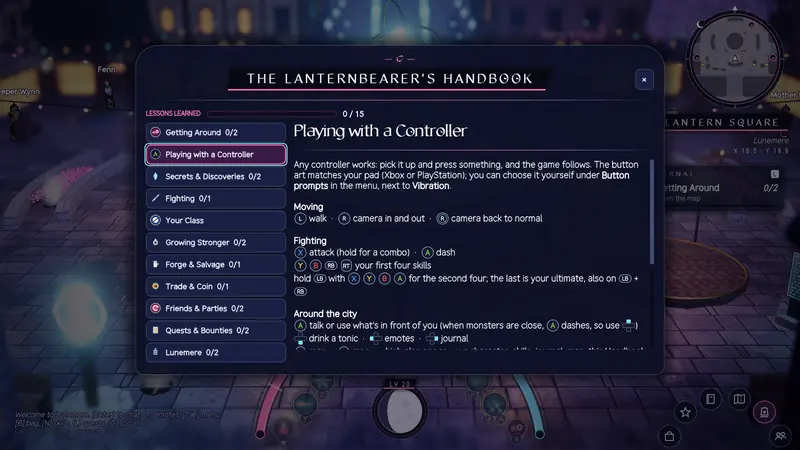The Handbook open on Playing with a Controller, the moves drawn with the pad's own buttons.