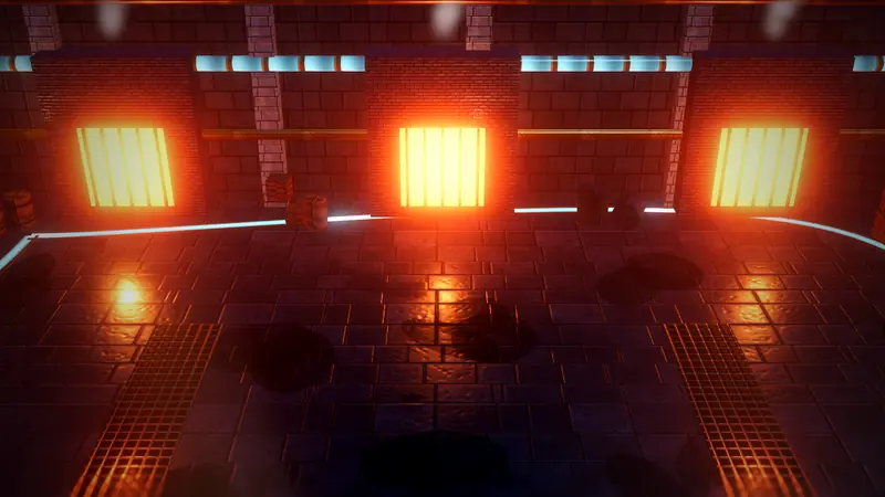 The Gearvault's Furnace Hall: three glowing furnace doors throwing orange light across the floor.
