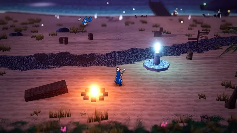 Saltglass Shore at night: a campfire on the sand, a waystone glowing, the sea beyond.
